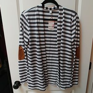 NWT Gray & white striped open cardi w/elbow patch